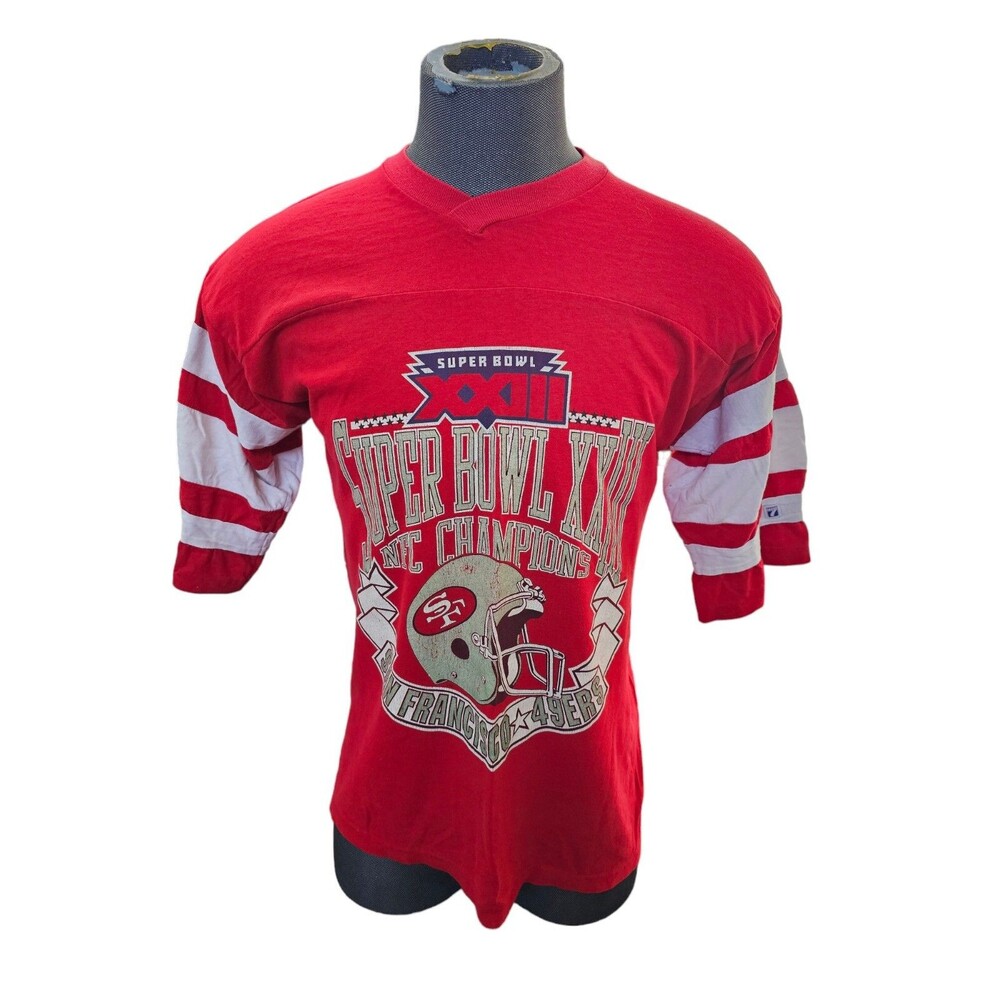 Vintage Super Bowl XXIII Shirt 49ers, San Francisco Large Striped Sleeves Red